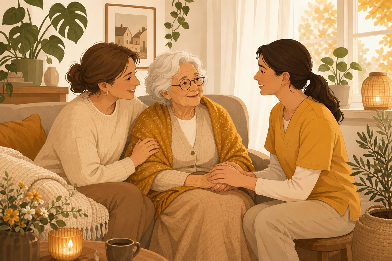 Mehrere Generationen einer Familie verbringen gemeinsam Zeit mit einer Pflegekraft.